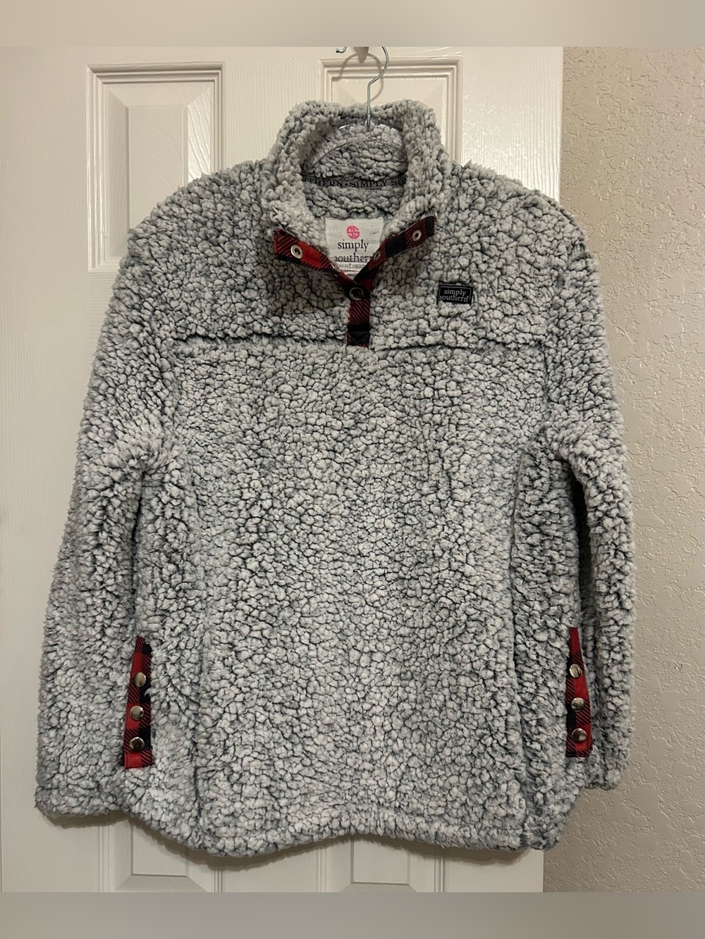 Simply Southern Gray Teddy Sherpa Pullover with Red Plaid Accents